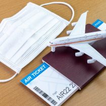 Travel during the covid-19 pandemic. airplane model with face ma
